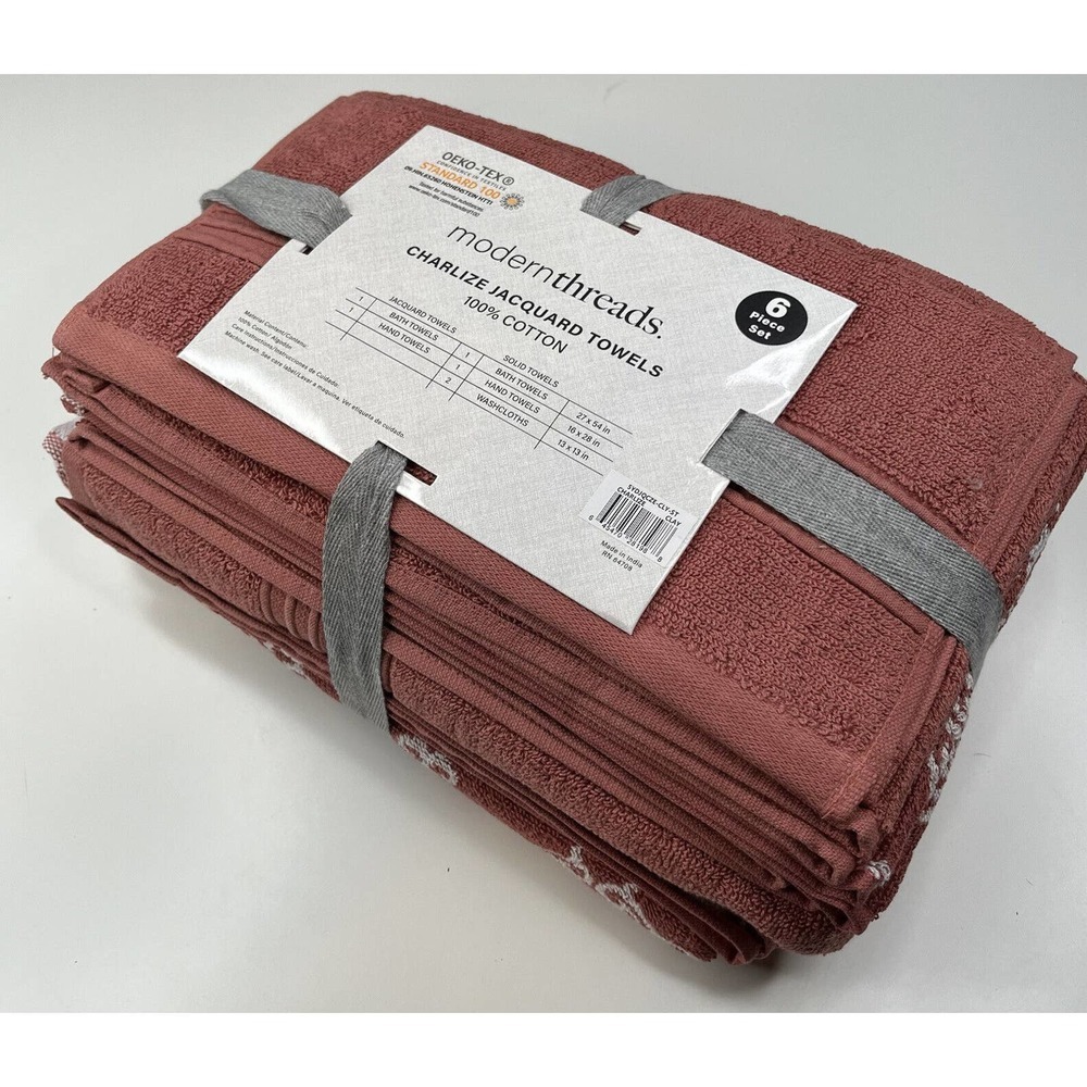 NWT Modern Threads 6 Piece Towel Charlize Jacquard Cotton Set Red